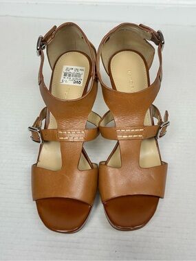 Marc Fisher Tan/Cognac Leather T-Strap Platform High Heel Sandals – Size 7.5M